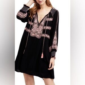 Free People Wind Willow Mini Dress Embroidered Peasant Boho Coral Dark Blue XS